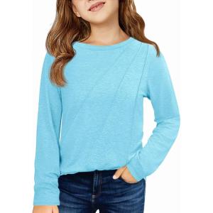Haloumoning Girls Long Sleeve Shirts Pleated Casual Crewneck Fall Fashion Tops Basic Tees 5-14Y(Sky Blue)