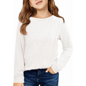 Haloumoning Girls Long Sleeve Shirts Pleated Casual Crewneck Fall Fashion Tops Basic Tees 5-14Y(White)