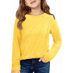 Haloumoning Girls Long Sleeve Shirts Pleated Casual Crewneck Fall Fashion Tops Basic Tees 5-14Y(Yellow)