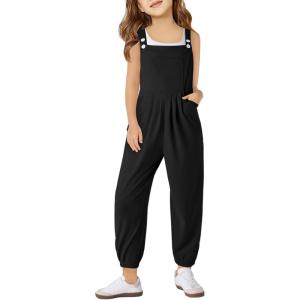 Haloumoning Girls Overalls Kids Casual Sleeveless Jumpsuit One Piece Rompers with Pockets 5-14 Years(Black)