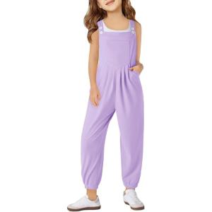 Haloumoning Girls Overalls Kids Casual Sleeveless Jumpsuit One Piece Rompers with Pockets 5-14 Years(Purple)