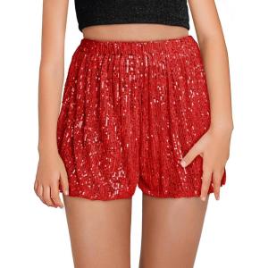 Haloumoning Girls Sequin Shorts High Waisted Wide Leg Sparkly Glitter Party Shorts 5-14 Years(Red)