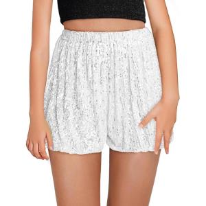 Haloumoning Girls Sequin Shorts High Waisted Wide Leg Sparkly Glitter Party Shorts 5-14 Years(White)