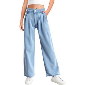 Haloumoning Girls Wide Leg Baggy Jeans Kids Fashion Pleated Elastic High Waist Denim Pants with Pockets 5-14 Years(Blue)