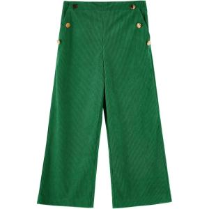 Haloumoning Girls Wide Leg Corduroy Pants Kids Elastic Waist Gold Button Trousers with Pockets 5-14 Years(Dark Green)