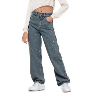 Haloumoning Girls Wide Leg Rhinestone Jeans Kids Baggy Elastic Waisted Denim Pants with Pockets 5-14 Years(Blue-gray)