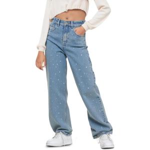 Haloumoning Girls Wide Leg Rhinestone Jeans Kids Baggy Elastic Waisted Denim Pants with Pockets 5-14 Years(Light Blue)