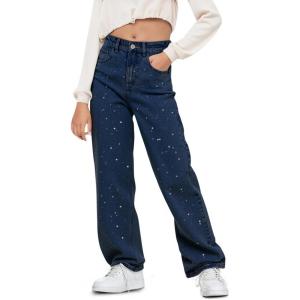 Haloumoning Girls Wide Leg Rhinestone Jeans Kids Baggy Elastic Waisted Denim Pants with Pockets 5-14 Years(Navy Blue)