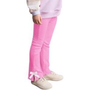 Haloumoning Toddler Baby Girl Flare Pants Kids Ribbed Elastic Waist Leggings Bowtie Bell Bottom 2-10T(Pink)