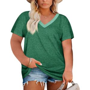 Womens Plus Size V Neck T Shirts Summer Short Sleeve Sexy Tops T-Shirts Tunic Casual Loose Fit Soft Basic Tees(01-green)