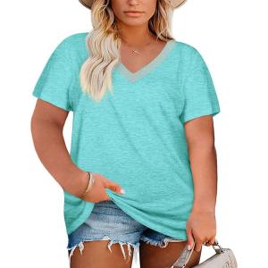 Womens Plus Size V Neck T Shirts Summer Short Sleeve Sexy Tops T-Shirts Tunic Casual Loose Fit Soft Basic Tees(01-light Green)