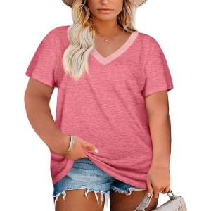 Womens Plus Size V Neck T Shirts Summer Short Sleeve Sexy Tops T-Shirts Tunic Casual Loose Fit Soft Basic Tees(01-pink)