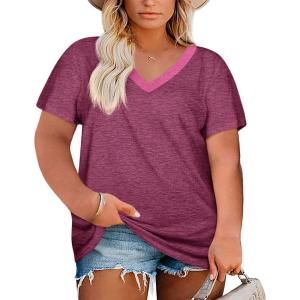 Womens Plus Size V Neck T Shirts Summer Short Sleeve Sexy Tops T-Shirts Tunic Casual Loose Fit Soft Basic Tees(01-purple & Red)