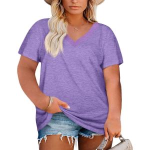 Womens Plus Size V Neck T Shirts Summer Short Sleeve Sexy Tops T-Shirts Tunic Casual Loose Fit Soft Basic Tees(01-purple)