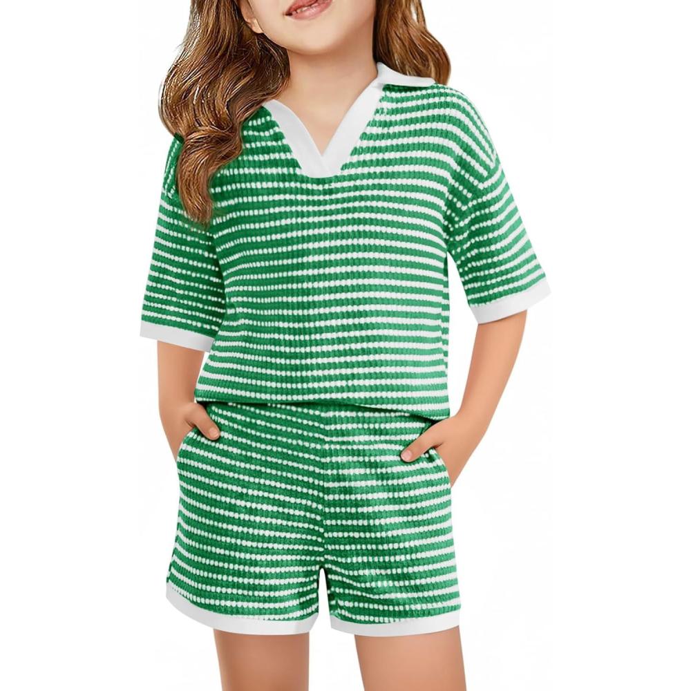 image:imageHaloumoning Girls 2 Piece Outfits Kids Short Sleeve V Neck Knit Tops High Waisted Shorts Casual Sweater Lounge SetsGreen