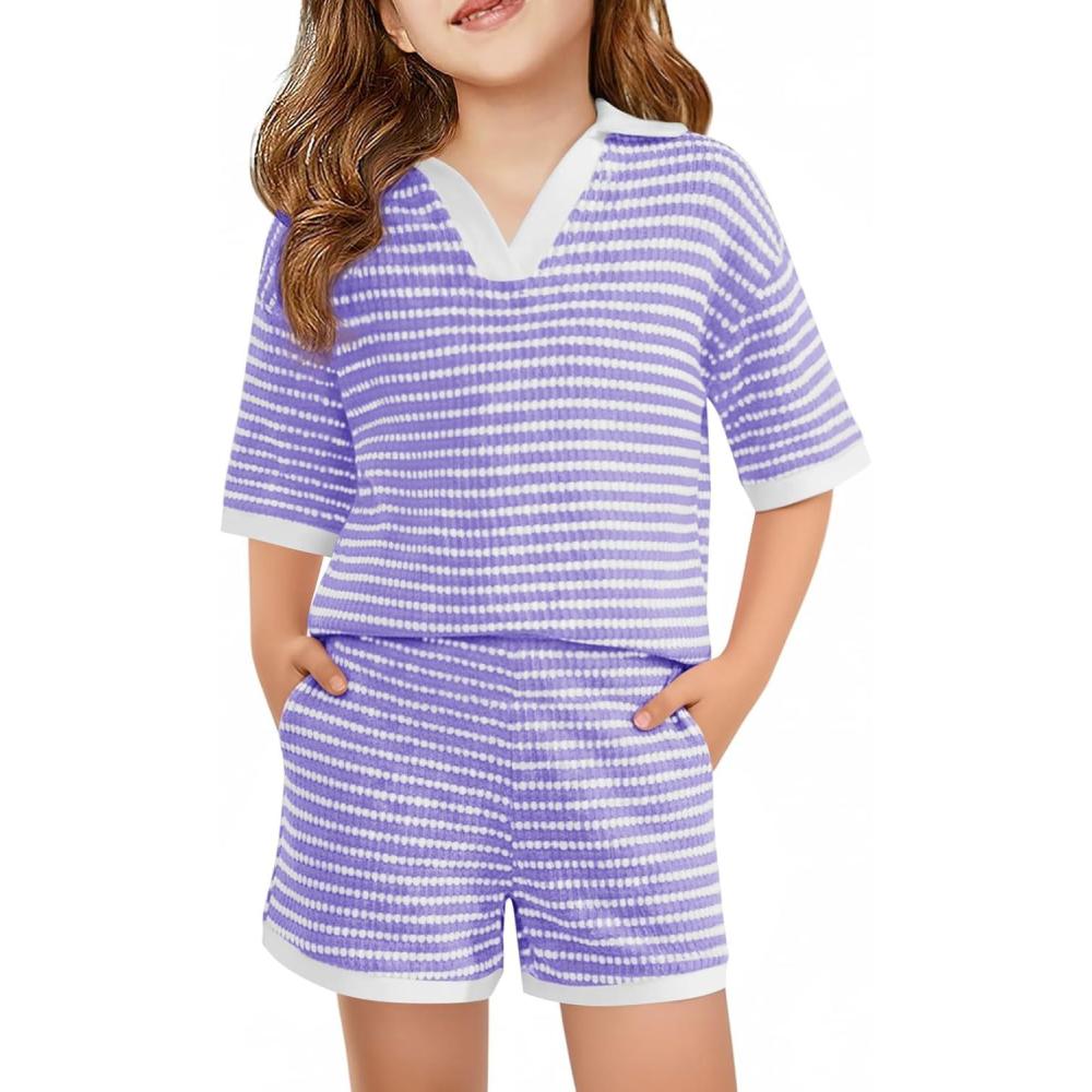 image:imageHaloumoning Girls 2 Piece Outfits Kids Short Sleeve V Neck Knit Tops High Waisted Shorts Casual Sweater Lounge SetsLight Purple