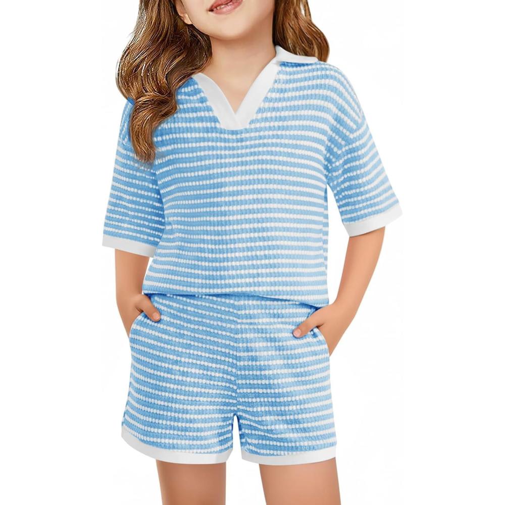 image:imageHaloumoning Girls 2 Piece Outfits Kids Short Sleeve V Neck Knit Tops High Waisted Shorts Casual Sweater Lounge SetsSky Blue