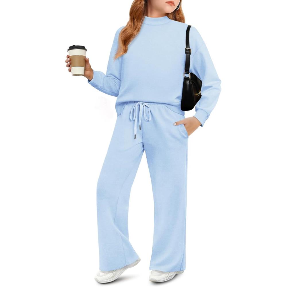 image:imageHaloumoning Girls 2 Piece Outfits Sweatsuit Kids Mock Neck Sweatshirt Wide Leg Pants Tracksuits Fall Outfits 514 YearsLight Blue