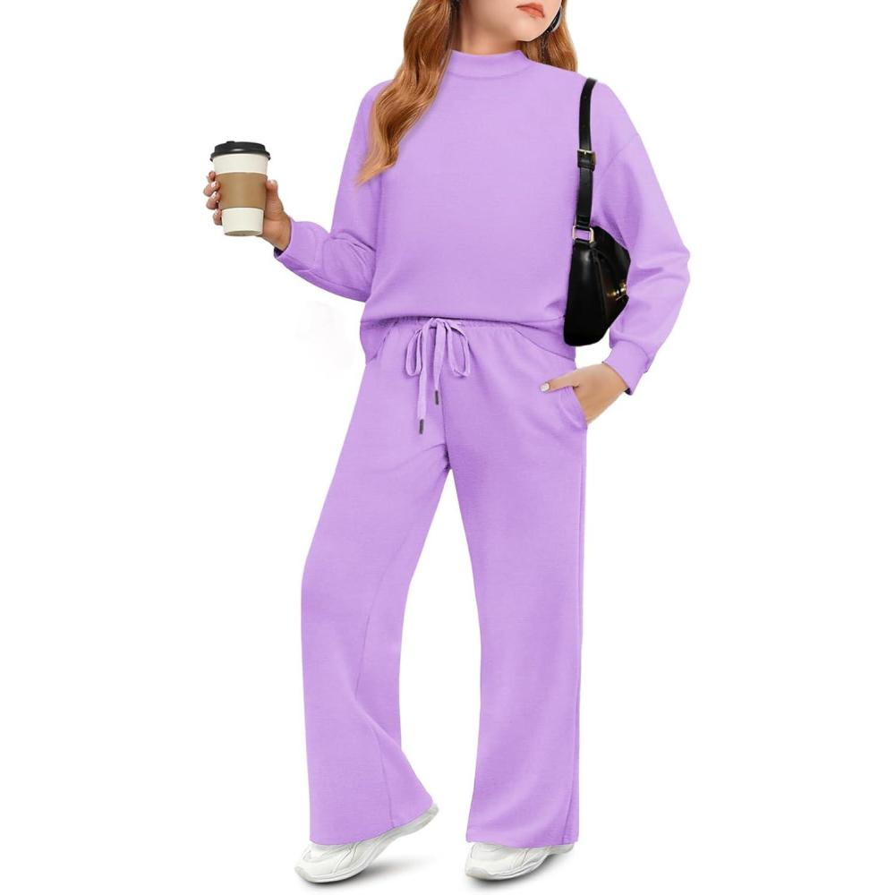 image:imageHaloumoning Girls 2 Piece Outfits Sweatsuit Kids Mock Neck Sweatshirt Wide Leg Pants Tracksuits Fall Outfits 514 YearsPurple