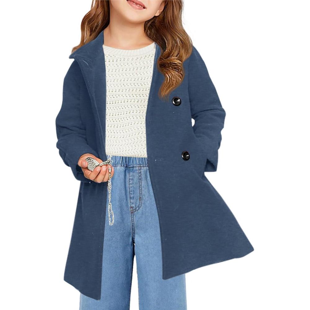 image:imageHaloumoning Girls Double Breasted Pea Coat Kids Long Sleeve Notched Lapel Winter Dress Coat With Pockets 514 YearsBluegray