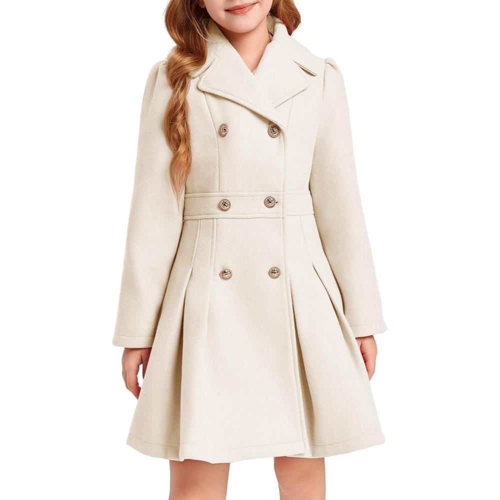 image:imageHaloumoning Girls Winter Dress Coat Button Peacoat Notch Lapel Double Breasted Outerwear with Pockets 514 YearsBeige