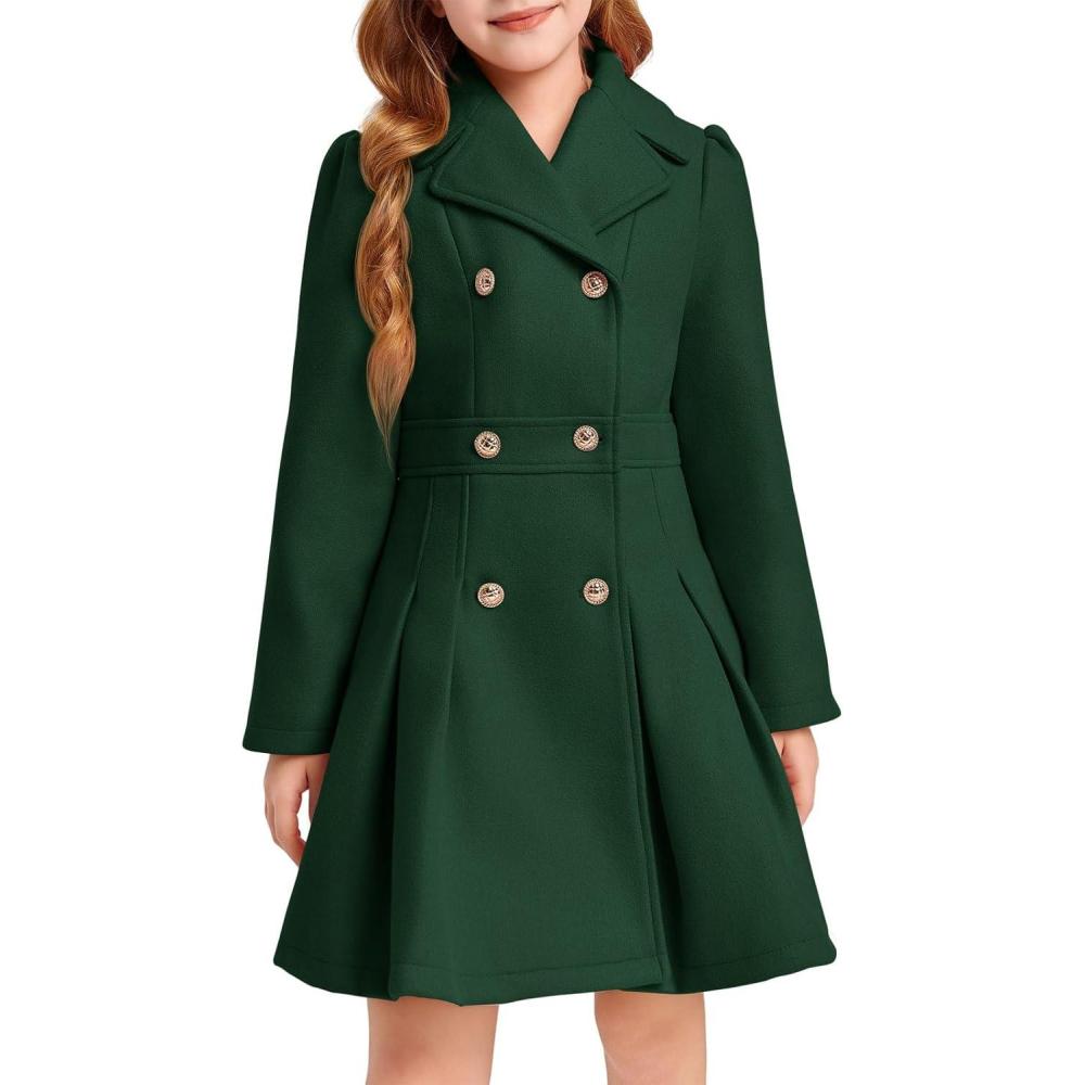 image:imageHaloumoning Girls Winter Dress Coat Button Peacoat Notch Lapel Double Breasted Outerwear with Pockets 514 YearsDark Green