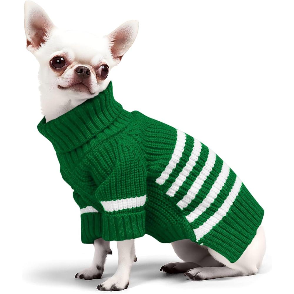 image:imageHaloumoning Small Dog Pullover Sweater Striped Knitted Pet Sweaters for Fall Winter Dog Clothes Turtleneck Thick Warm Clothes for Small Medium Large DogsDark Green