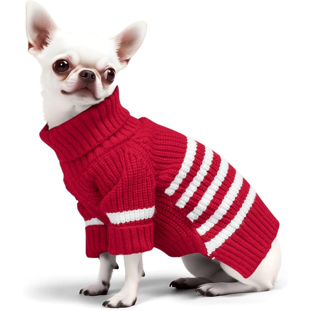 image:imageHaloumoning Small Dog Pullover Sweater Striped Knitted Pet Sweaters for Fall Winter Dog Clothes Turtleneck Thick Warm Clothes for Small Medium Large DogsRed