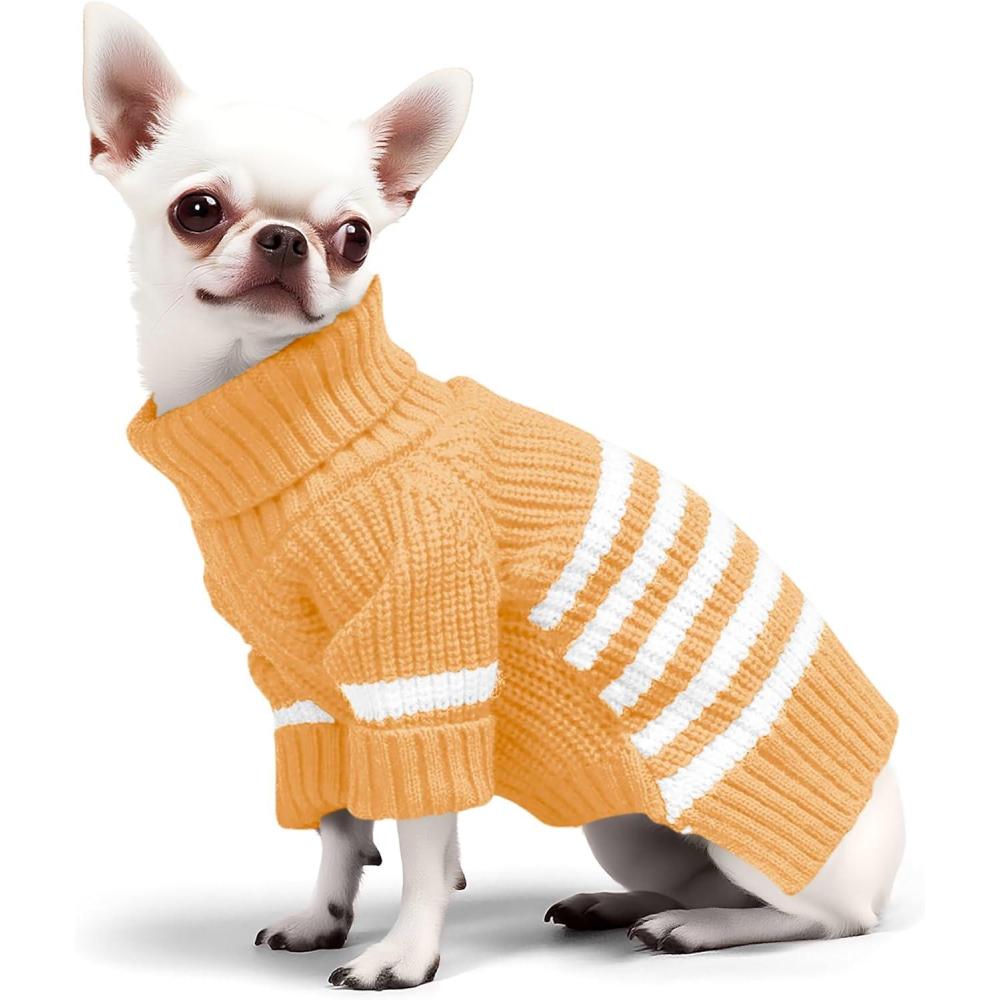 image:imageHaloumoning Small Dog Pullover Sweater Striped Knitted Pet Sweaters for Fall Winter Dog Clothes Turtleneck Thick Warm Clothes for Small Medium Large DogsYellow