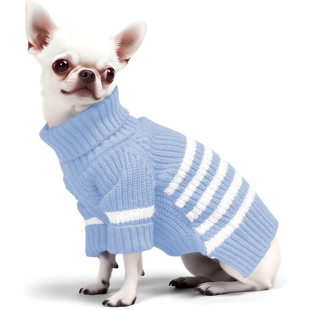 image:imageHaloumoning Small Dog Pullover Sweater Striped Knitted Pet Sweaters for Fall Winter Dog Clothes Turtleneck Thick Warm Clothes for Small Medium Large DogsBlue