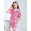 Haloumoning Girls 2 Piece Outfits Kids Short Sleeve V Neck Knit Tops High Waisted Shorts Casual Sweater Lounge Sets(Pink)