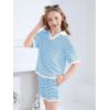 Haloumoning Girls 2 Piece Outfits Kids Short Sleeve V Neck Knit Tops High Waisted Shorts Casual Sweater Lounge Sets(Sky Blue)