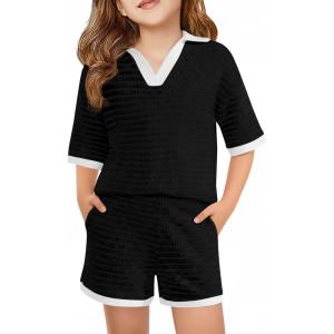 Haloumoning Girls 2 Piece Outfits Kids Short Sleeve V Neck Knit Tops High Waisted Shorts Casual Sweater Lounge Sets(Black)