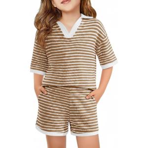 Haloumoning Girls 2 Piece Outfits Kids Short Sleeve V Neck Knit Tops High Waisted Shorts Casual Sweater Lounge Sets(Khaki)