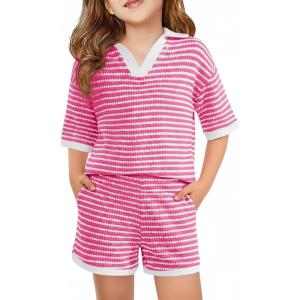 Haloumoning Girls 2 Piece Outfits Kids Short Sleeve V Neck Knit Tops High Waisted Shorts Casual Sweater Lounge Sets(Pink)