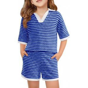 Haloumoning Girls 2 Piece Outfits Kids Short Sleeve V Neck Knit Tops High Waisted Shorts Casual Sweater Lounge Sets(Royal Blue)
