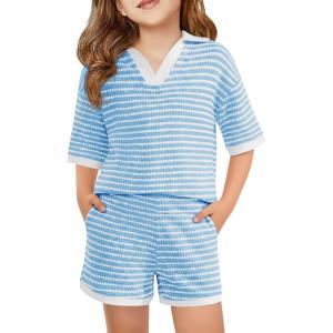 Haloumoning Girls 2 Piece Outfits Kids Short Sleeve V Neck Knit Tops High Waisted Shorts Casual Sweater Lounge Sets(Sky Blue)