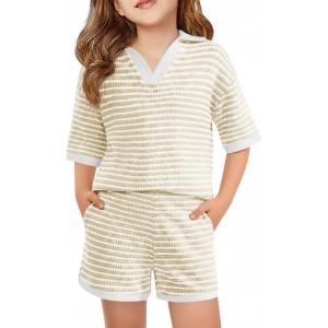 Haloumoning Girls 2 Piece Outfits Kids Short Sleeve V Neck Knit Tops High Waisted Shorts Casual Sweater Lounge Sets(White)
