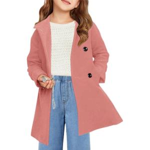 Haloumoning Girls Double Breasted Pea Coat Kids Long Sleeve Notched Lapel Winter Dress Coat With Pockets 5-14 Years(Pink)