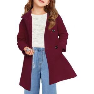 Haloumoning Girls Double Breasted Pea Coat Kids Long Sleeve Notched Lapel Winter Dress Coat With Pockets 5-14 Years(Wine Red)