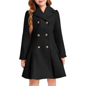 Haloumoning Girls Winter Dress Coat Button Peacoat Notch Lapel Double Breasted Outerwear with Pockets 5-14 Years(Black)