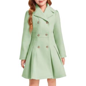 Haloumoning Girls Winter Dress Coat Button Peacoat Notch Lapel Double Breasted Outerwear with Pockets 5-14 Years(Mint Green)