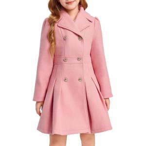 Haloumoning Girls Winter Dress Coat Button Peacoat Notch Lapel Double Breasted Outerwear with Pockets 5-14 Years(Pink)