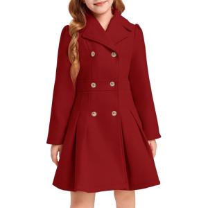 Haloumoning Girls Winter Dress Coat Button Peacoat Notch Lapel Double Breasted Outerwear with Pockets 5-14 Years(Red)