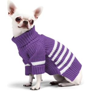 Haloumoning Small Dog Pullover Sweater, Striped Knitted Pet Sweaters for Fall Winter Dog Clothes, Turtleneck Thick Warm Clothes for Small Medium Large Dogs(Purple)