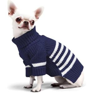 Haloumoning Small Dog Pullover Sweater, Striped Knitted Pet Sweaters for Fall Winter Dog Clothes, Turtleneck Thick Warm Clothes for Small Medium Large Dogs(Navy Blue)