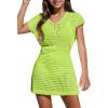 Haloumoning Girls Crochet Swim Beach Cover Up Kids Fashion Button Short Sleeve Swimsuits Cover Ups 5-14 Years(Fluorescent Green)