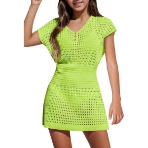 Haloumoning Girls Crochet Swim Beach Cover Up Kids Fashion Button Short Sleeve Swimsuits Cover Ups 5-14 Years(Fluorescent Green)