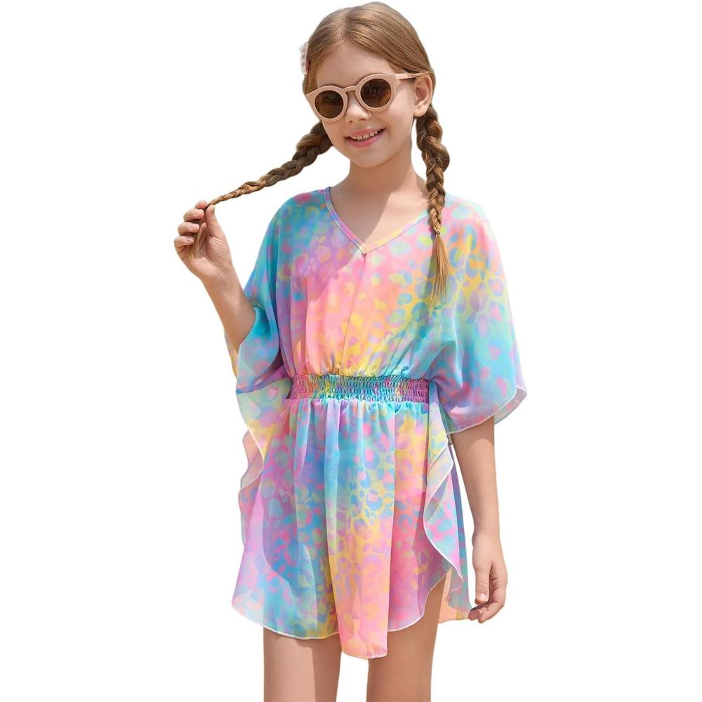 image:imageHaloumoning Girls Chiffon Swim Beach Cover Up Kids Cute Elastic Waist Printed Bathing Suit Coverups 514 YearsBlue Pink