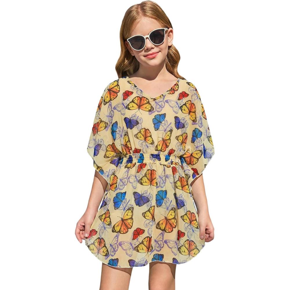 image:imageHaloumoning Girls Chiffon Swim Beach Cover Up Kids Cute Elastic Waist Printed Bathing Suit Coverups 514 YearsYellow